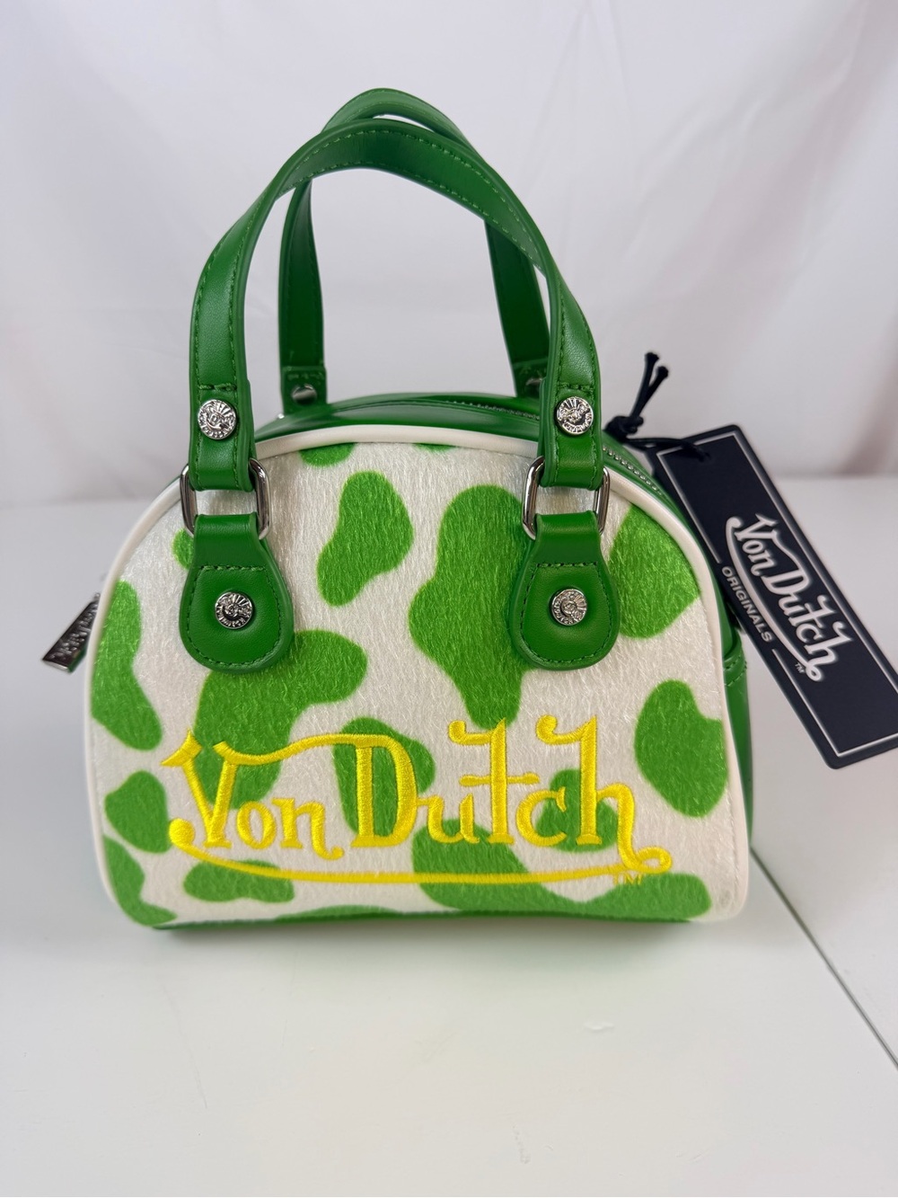 Von Dutch Green Cow Print Mini Bowling Bag NWT Y2K